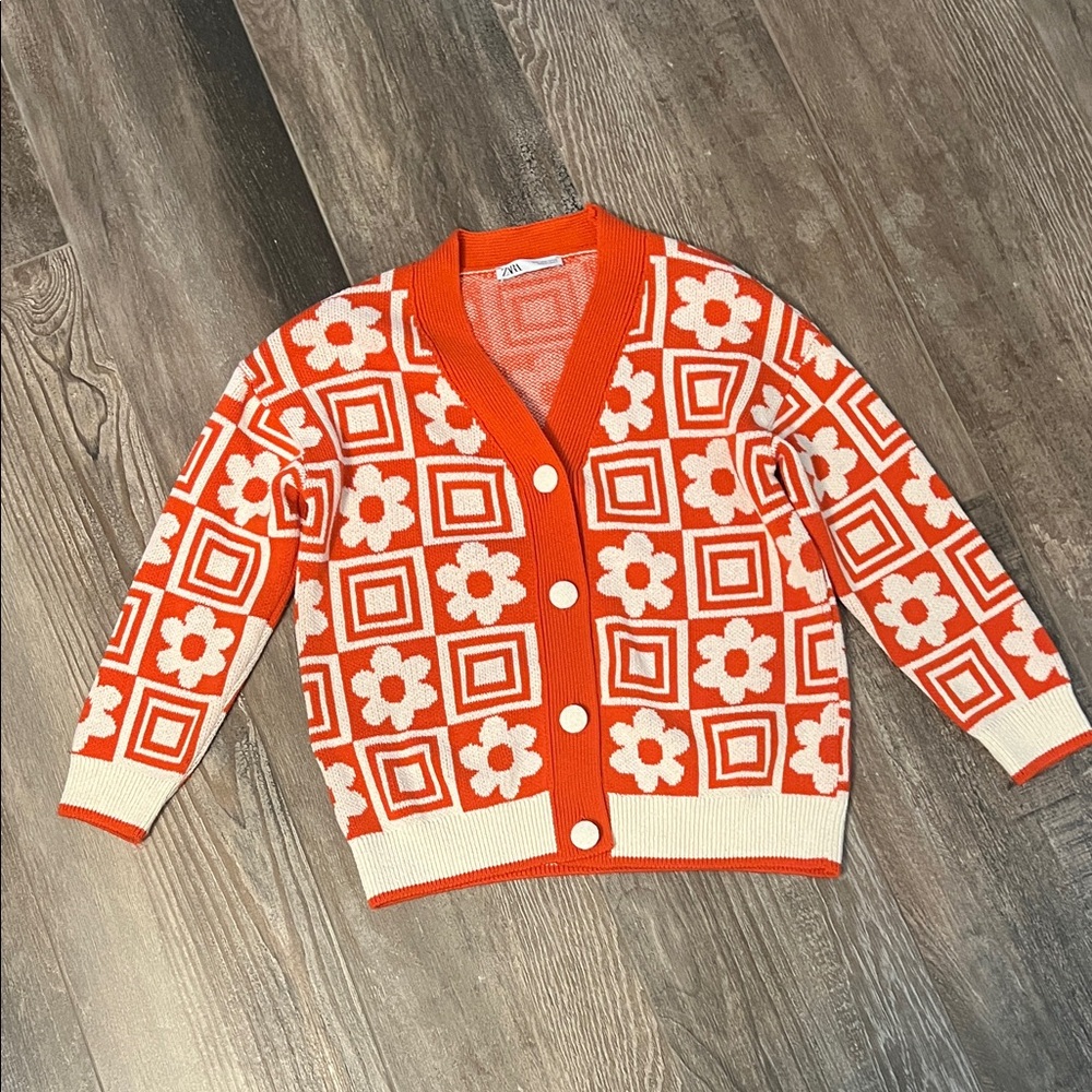 Zara Oversized Orange and Cream Floral Cardigan Size small